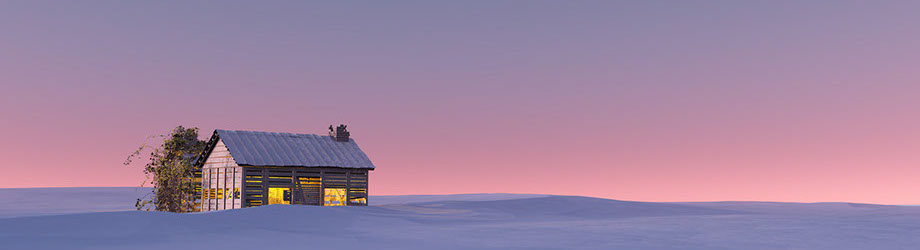 Winter snow landscape at sunset with solitude cabin